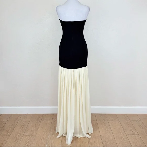 black strapless cream chiffon maxi dress Black strapless crepe chiffon maxi dress